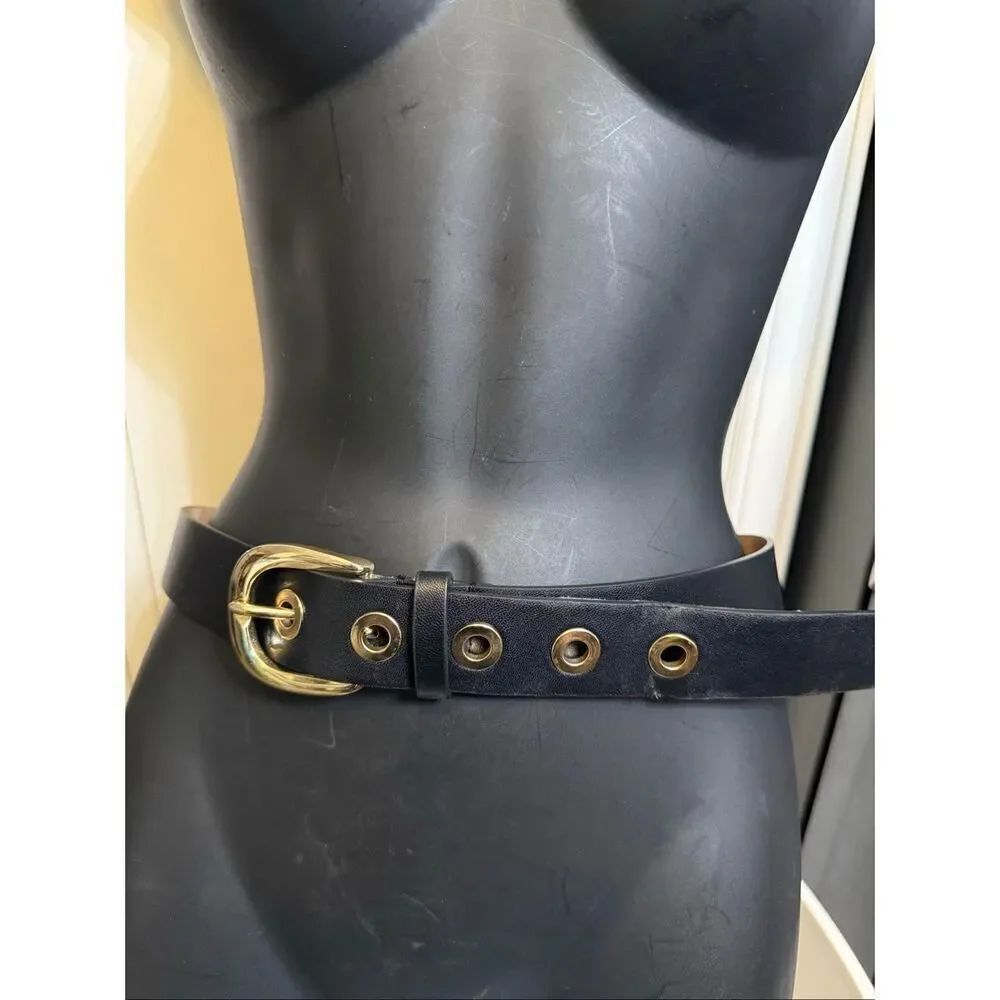 Women's Leather Gold-tone Grommet Adjustable Waist Belt Black OS